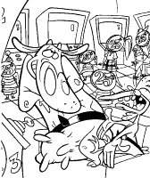 A coloring page of cow and chicken